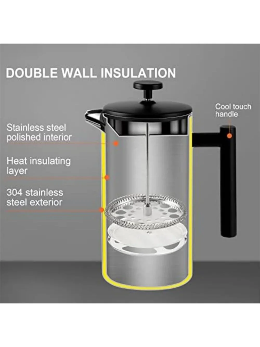 Insulated French Press Coffee Maker - 34oz Stainless Steel, 2 Extra Screens